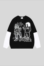 Cartoon Graphic Contrast Layered Long Sleeve Tee