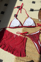 Lace Cutout Halter Tie Three Piece Swim Set