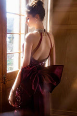 Sequin Burgundy Halter Mermaid Train Prom Dress