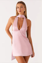 Deep V Backless Ribbon Cocktail Dress S / Pink