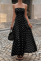High Waist Polka Dot Strapless Slit Maxi Dress