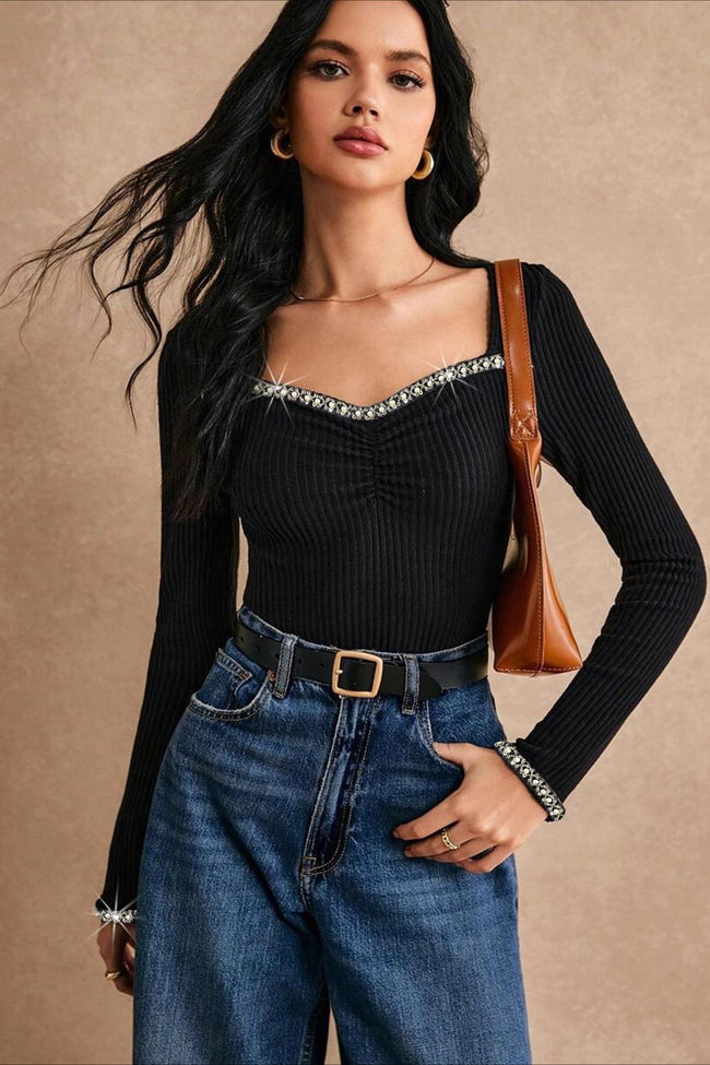 Rhinestone Trimmed Fitted Long Sleeve Tee Main image