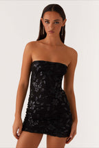 Strapless Sequin Embroidery Bodycon Mini Floral Dress