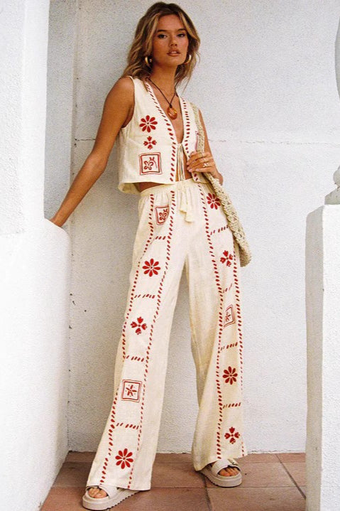 Contrast Embroidered Vest Top Boho Pants Set Main image