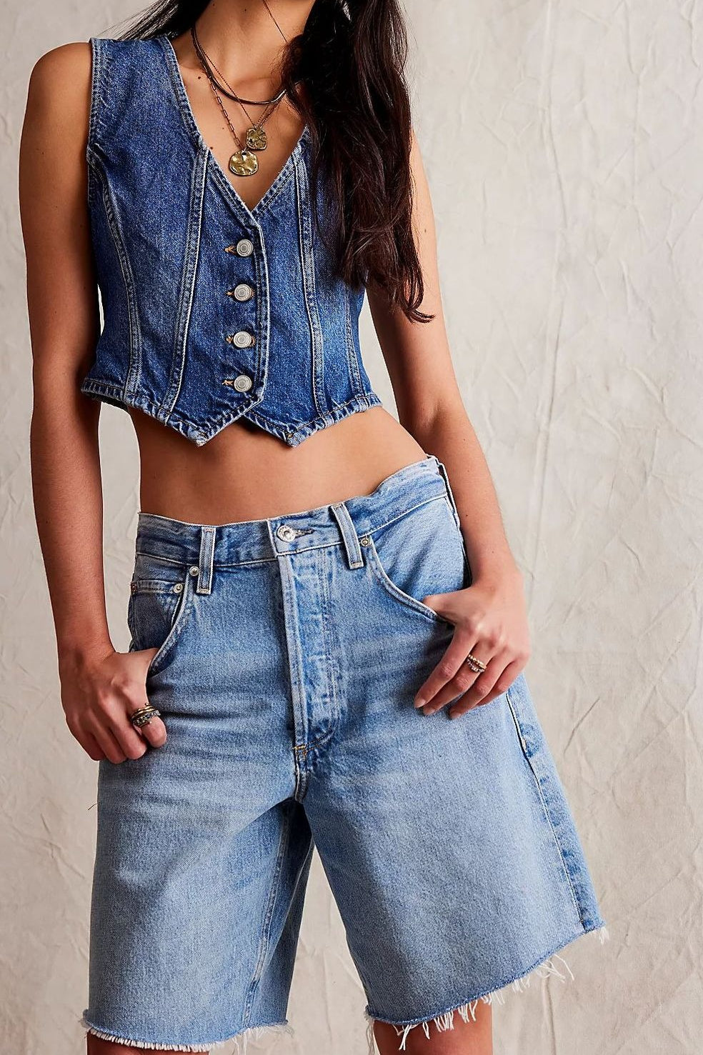 Fitted V Neck Button Denim Vest Tank Top