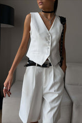 Casual V Neck Single Breasted Two Piece Vest Shorts Set