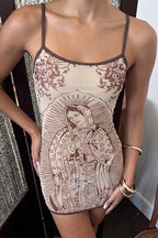 Vintage Sacred Portrait Style Graphic Slip Mini Dress