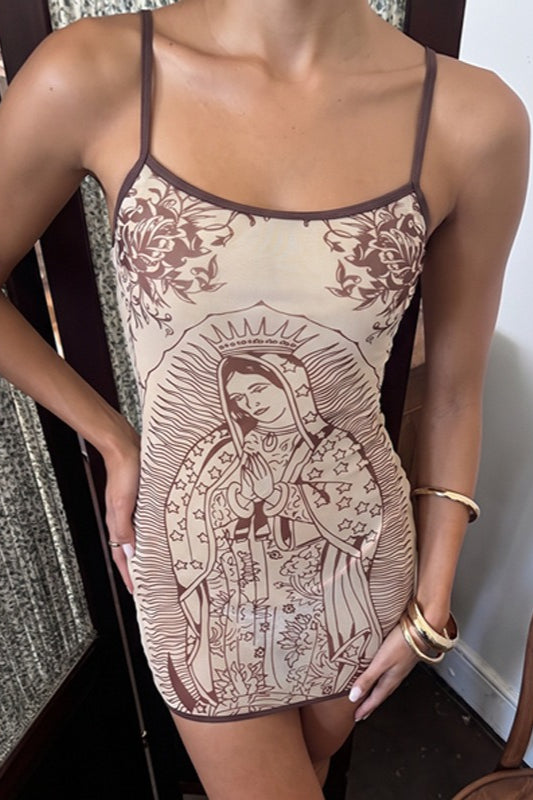 Vintage Sacred Portrait Style Graphic Slip Mini Dress