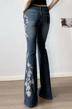 Rose Embroidered Low Rise Flare Leg Jeans