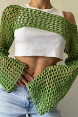 Sexy Sheer Crochet Bell Sleeve Crop Top