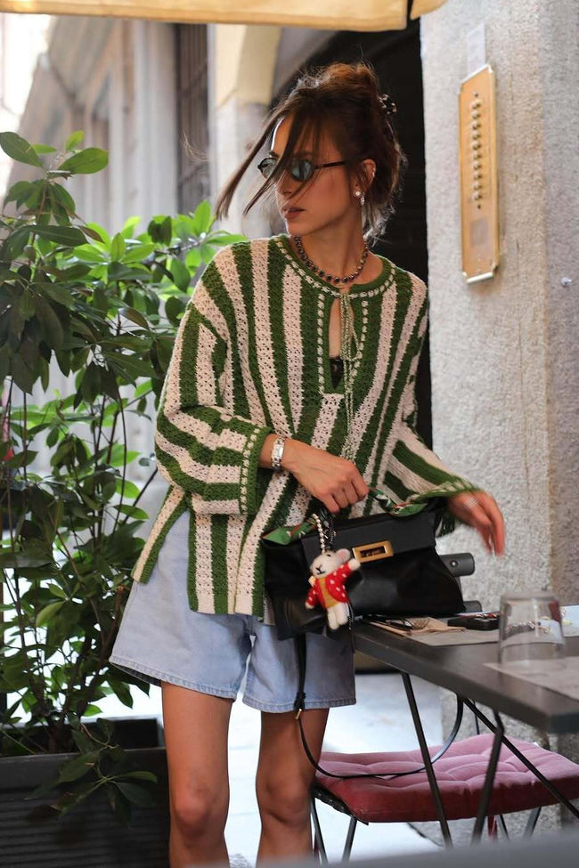 Green White Striped Tie Front Sweater Green / S Main image