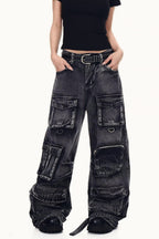 Distressed Washed Utility Multi Pocket Loose Jeans