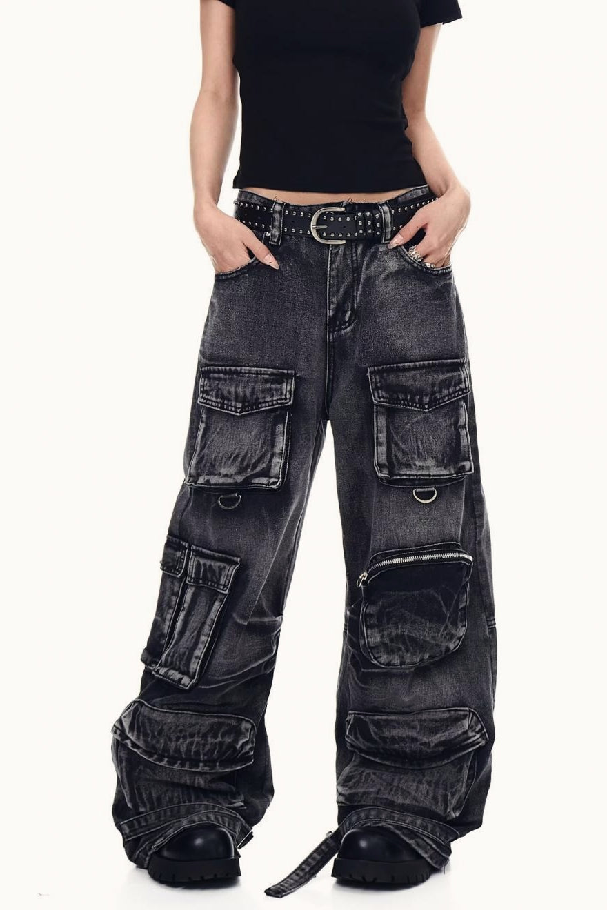Distressed Washed Utility Multi Pocket Loose Jeans