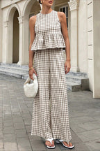 Plaid Ruffle Hem Round Neck Sleeveless Pants Set