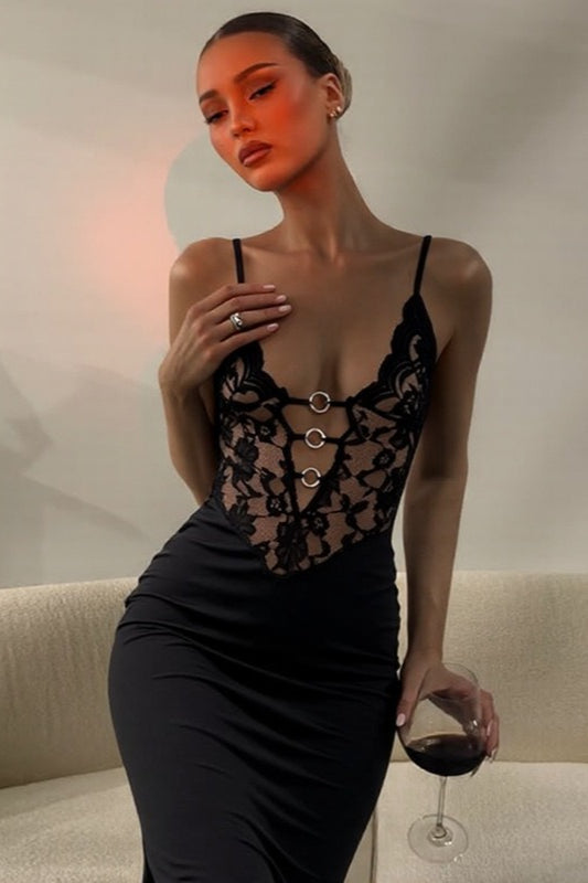 Black Lace Patchwork Deep V Bodycon Maxi Dress Main image