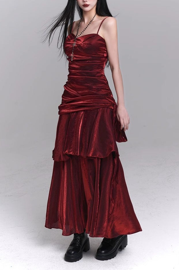 Asymmetrical Burgundy Ruffled Cami Party Dress Secondary image