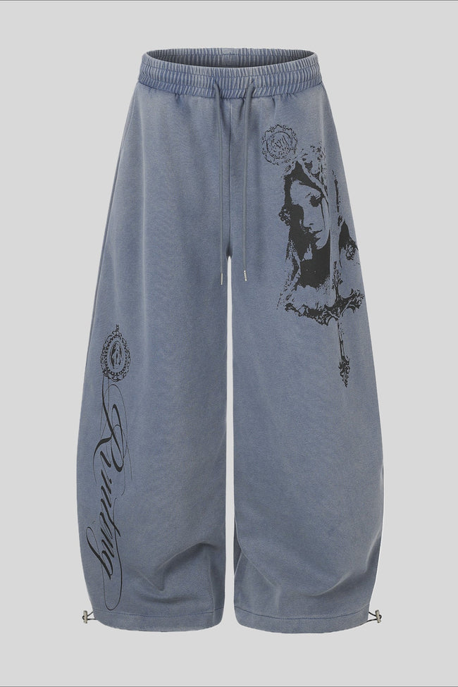 Washed Graffiti Print Wide Leg Sweatpants Main image