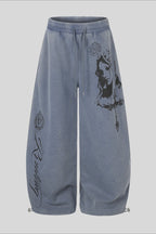 Washed Graffiti Print Wide Leg Sweatpants