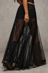 Lace Print Sheer Low Waist Maxi Boho Skirt