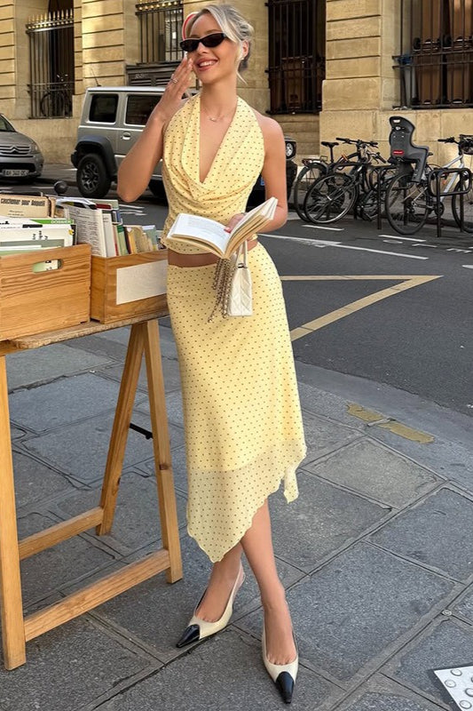 Yellow Polka Dot Draped Neck Asymmetrical Skirt Set Main image
