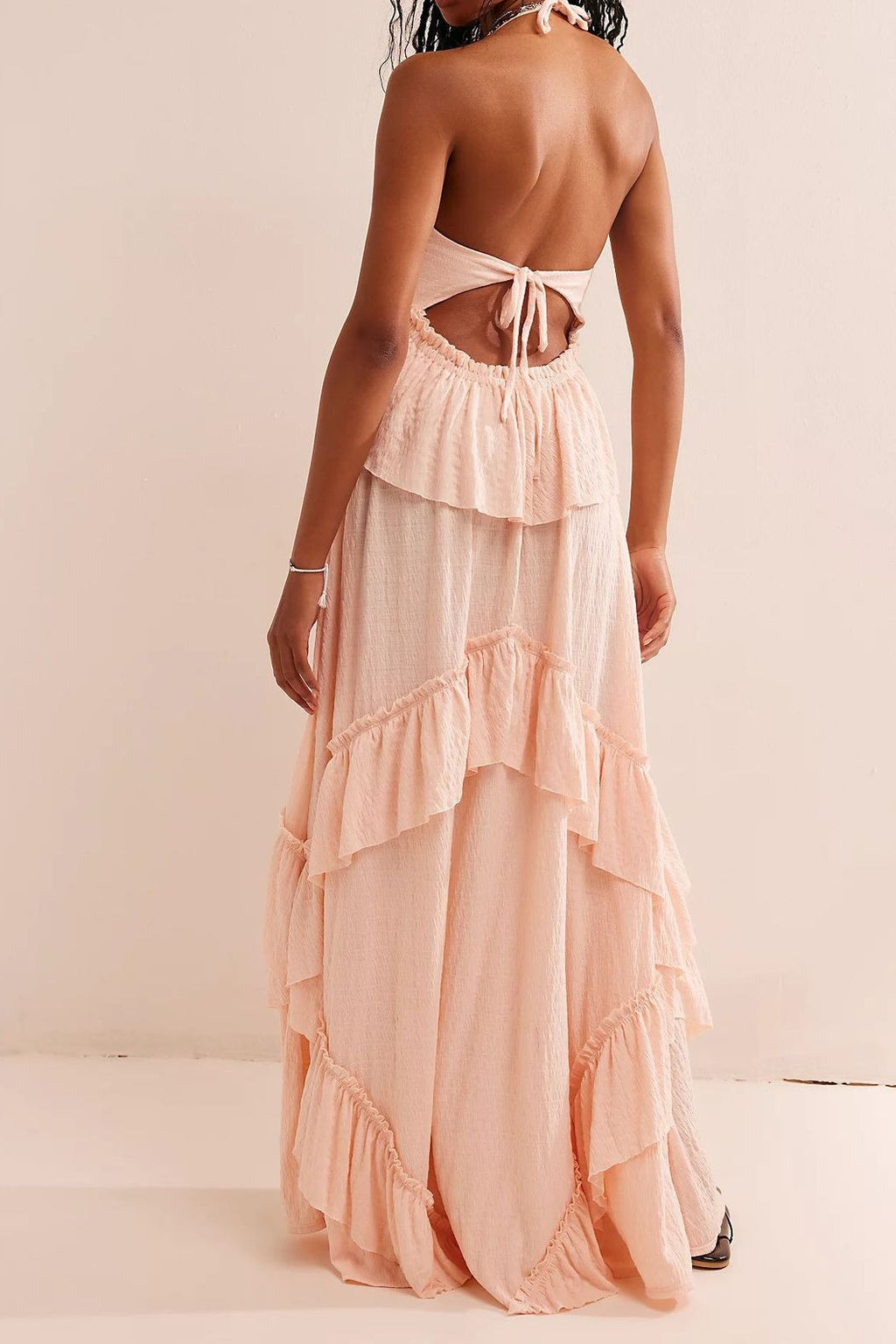 Solid Backless Ruffle Patchwork Boho Dress