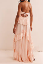 Solid Backless Ruffle Patchwork Boho Dress