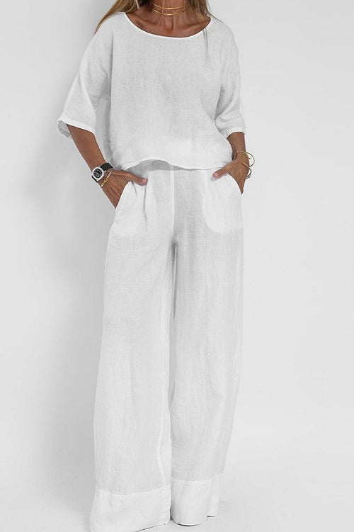 Plus Size Casual Solid Color Linen Pants Set Main image