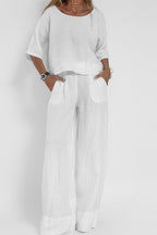 Plus Size Casual Solid Color Linen Pants Set