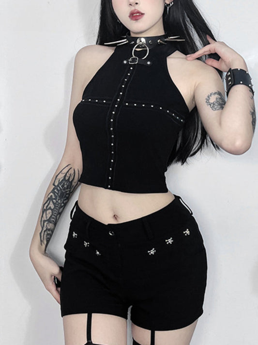 Streetwear Punk Dark Black Grunge Cross Cyber Alt Gothic Patchwork Crop Top