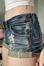 Rhinestone Distressed Denim Mini Shorts