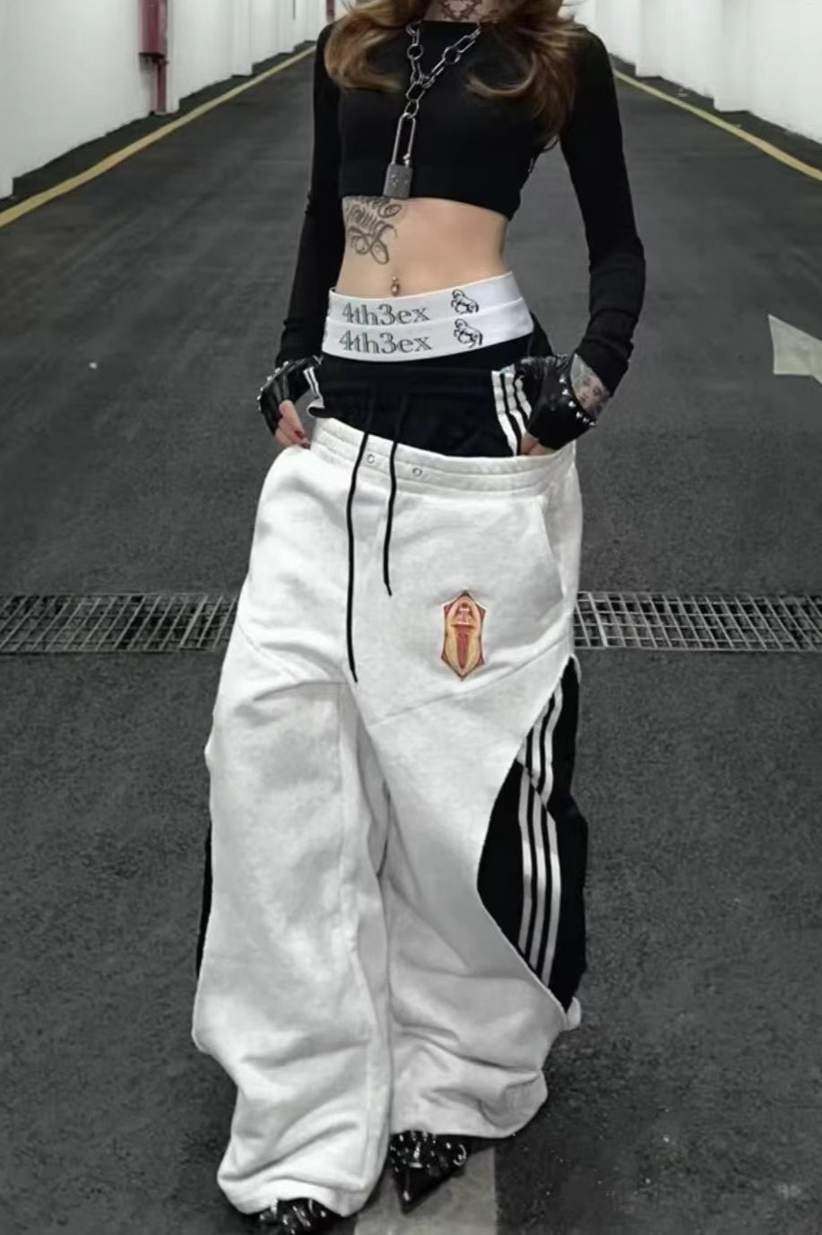 Contrast Double Waist Stripe Wide Leg Sweatpants