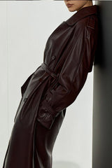 Belted Faux Leather Waist Fit Overcoat
