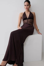 Lace Inset Halter Satin Formal Dress