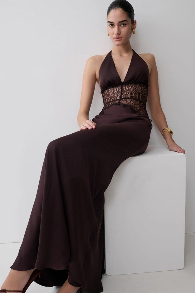 Lace Inset Halter Satin Formal Dress