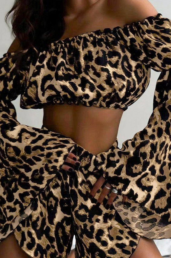Off Shoulder Flared Long Sleeve Leopard Crop Top Shorts Set Main image