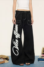 Black Graffiti Print Contrast Stitch Barrel Jeans