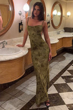 Tie Dye Backless Chain Patchwork Slim Long Floral Dress