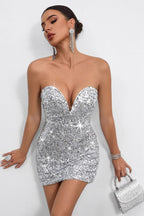 Deep V Strapless Sequin Mini Dress