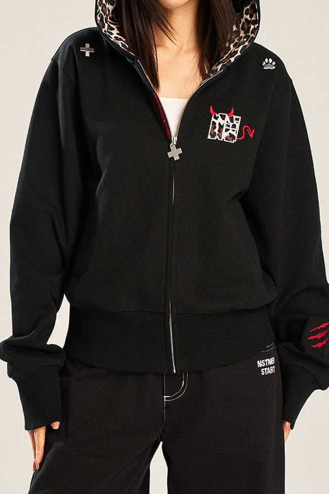 Leopard Lined Devil Horn Cross Zip Hoodie Main image