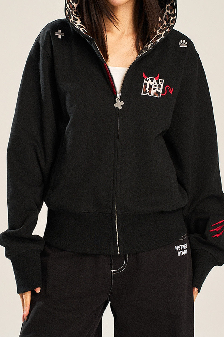 Leopard Lined Devil Horn Cross Zip Hoodie