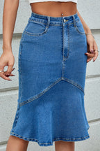 Stretch Panel Flared Mermaid Midi Denim Skirt