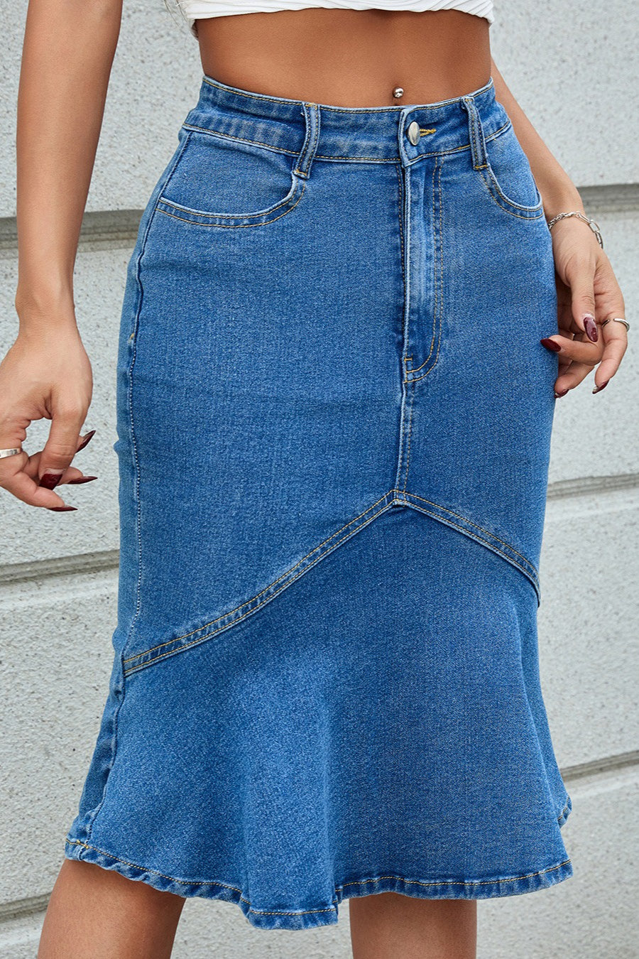 Stretch Panel Flared Mermaid Midi Denim Skirt