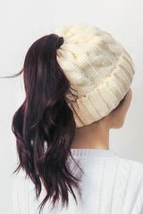 Solid Color Ribbed Ponytail Beanie Hat