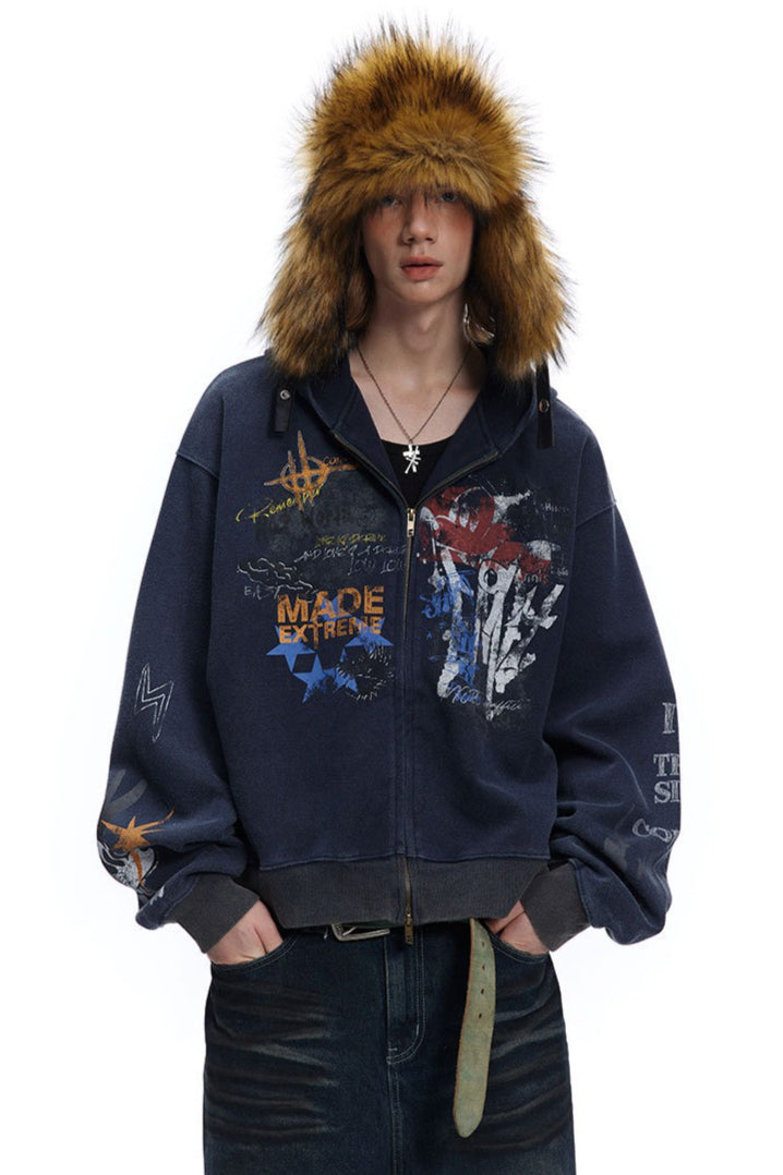 Graffiti Print Full Zip Oversized Hoodie