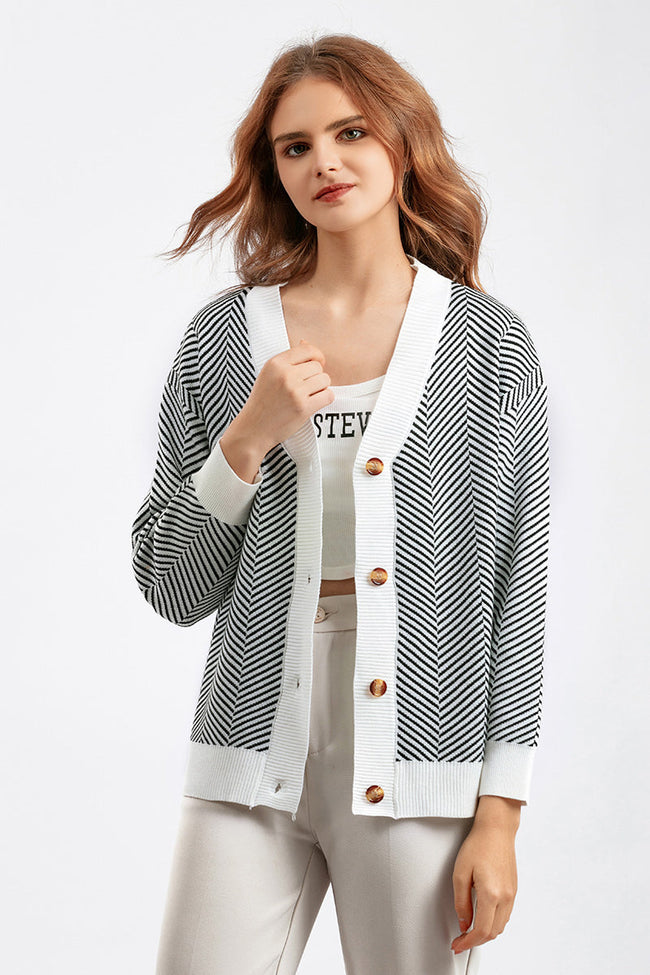 Striped V Neck Buttoned Knit Sweater One Size / Light Gray Main image