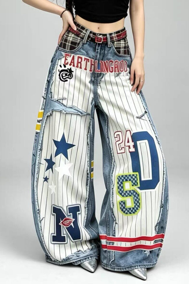 3D Graphic Print Wide Leg Denim Jeans Main image