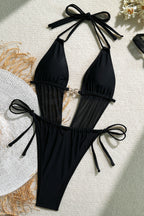 Black Mesh Halter High Cut One Piece Swimwear