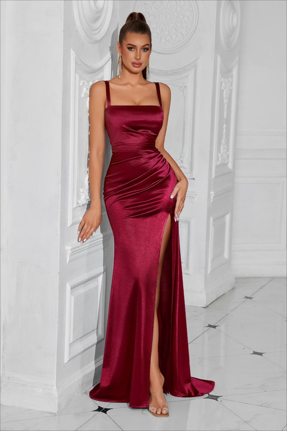 Satin Split Bodycon Party Dress XS / Claret