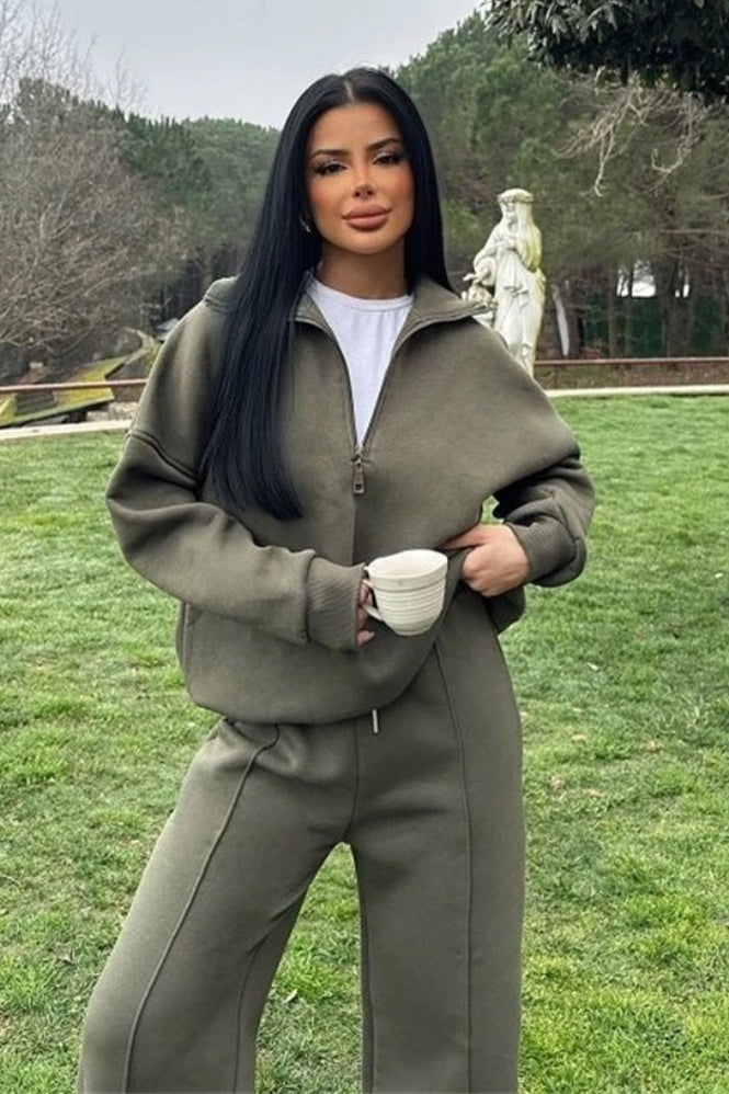 Half Zip Sweatshirt Wide Leg Pants Set