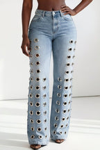Metal Eyelet High Rise Washed Straight Leg Jeans